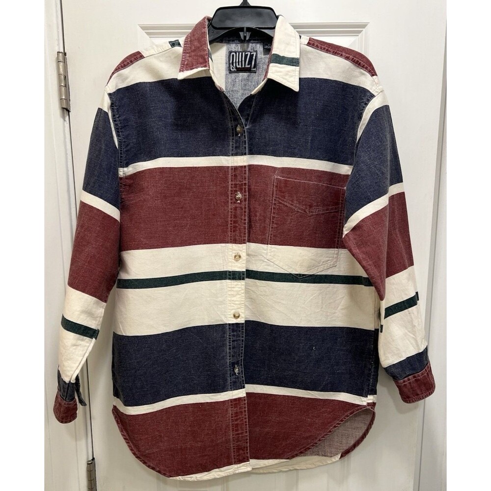 Quizz NY VTG Women's Denim Med Long Sleeve Buttoned-Up Shirt Navy Blue Red White
